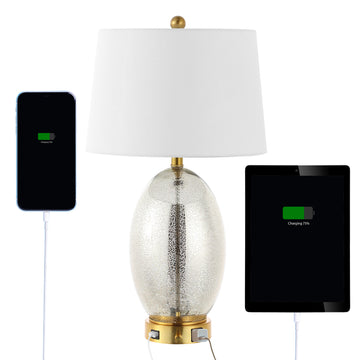 Reese Contemporary Style Iron/Glass LED Table Lamp with USB Charging Port - JONATHAN Y